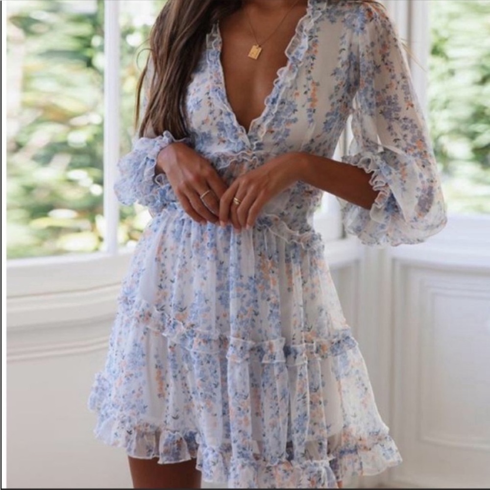 Hello Molly Pastel Blue & White Floral Ruffle Mini Dress